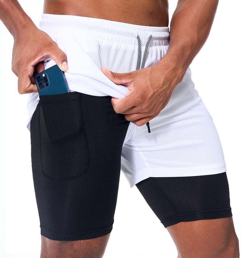 Surenow Men's Athletic Running Shorts Quick Dry Workout Shorts 2 in 1 Shorts 5" Gym Running Shorts for Men with Phone Pocket White - Image 1